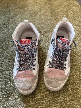 Golden Goose White Pink Gray Leopard-Print Lace Sneakers